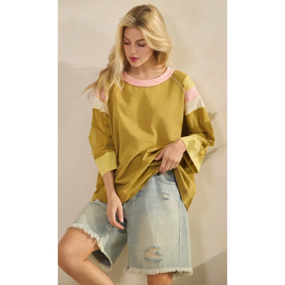 175 Sage & Fig Colorblock Washed Crew Pullover - SMALL - PTP:  24" (BB3)